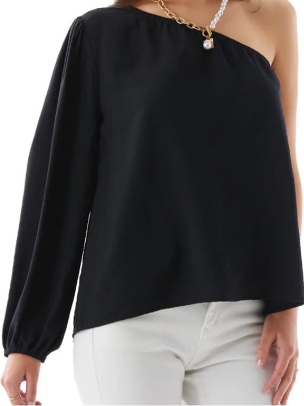One-Shoulder Black Women's Blouse - Asymmetric Long Sleeve Sz XL